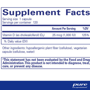 Pure Encapsulations Vitamin D3 1000 IU supplements facts