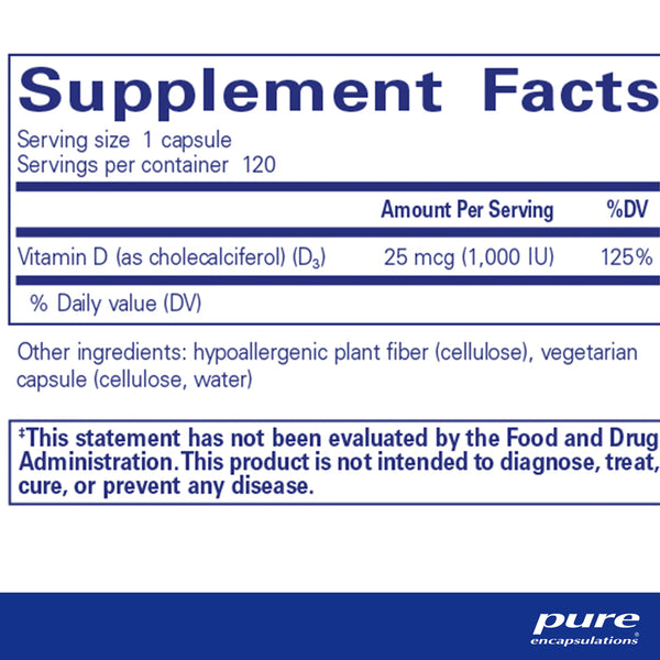 Pure Encapsulations Vitamin D3 1000 IU supplements facts