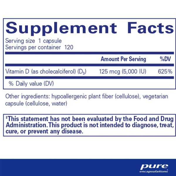 Pure Encapsulations Vitamin D3 5000 IU supplements facts