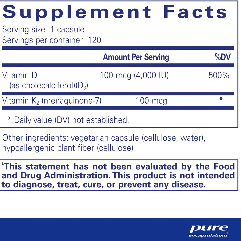 Pure Encapsulations Vitamin D3 & K2 supplements facts