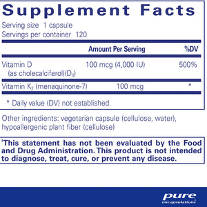 Pure Encapsulations Vitamin D3 & K2 supplements facts