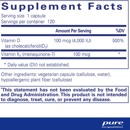 Pure Encapsulations Vitamin D3 & K2 supplements facts