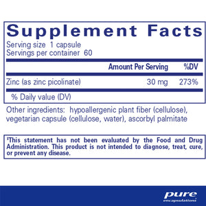 Pure Encapsulations Zinc 30 mg supplement ingredients