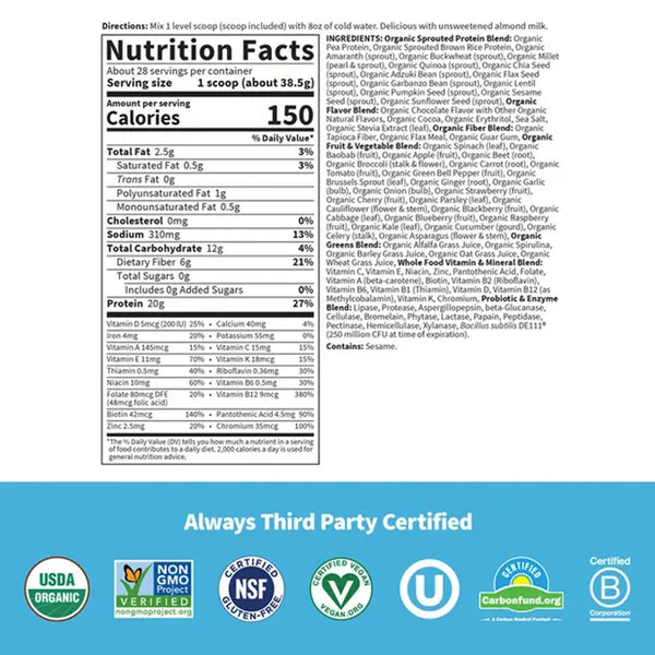 RAW Organic Meal Chocolate 28 servings Garden of life