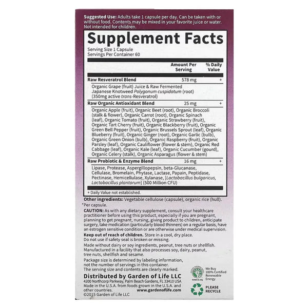RAW Resveratrol 60 vegcaps Garden of life