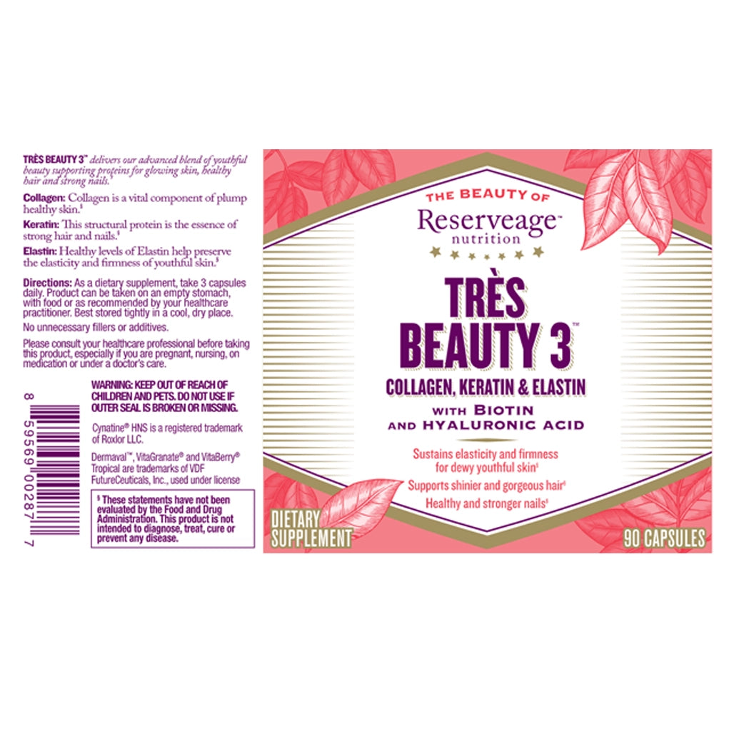 Tres Beauty 3 Collagen, Keratin Elastin with biotin for skin, hair and nails  y Reserveage nutrition