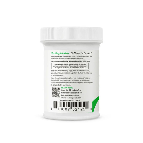 Back label of Seeking Health Saccharomyces Boulardii 60 capsules showing supplement facts, usage instructions, and allergen information.