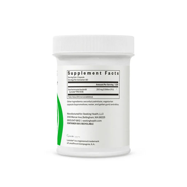 Supplement facts label of Seeking Health Saccharomyces Boulardii 60 capsules showing 5 billion CFU per serving and ingredient list.