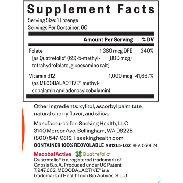 Supplement facts label for Seeking Health Methyl B12 with L-Methylfolate showing folate and vitamin B12 content per serving.