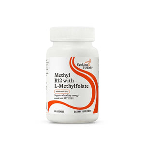 Seeking Health Methyl B12 with L-Methylfolate supplement bottle supporting healthy energy, mood, and MTHFR function