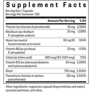 Supplement facts label of Seeking Health B Complex Plus Methyl-Free showing B vitamins like B1, B2, B6, B12, folate, and biotin for energy and nervous system support.