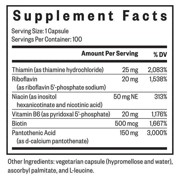 Seeking Health B Complex Plus supplement facts – includes active B vitamins with choline, folate, and B12 for energy and mood support.
