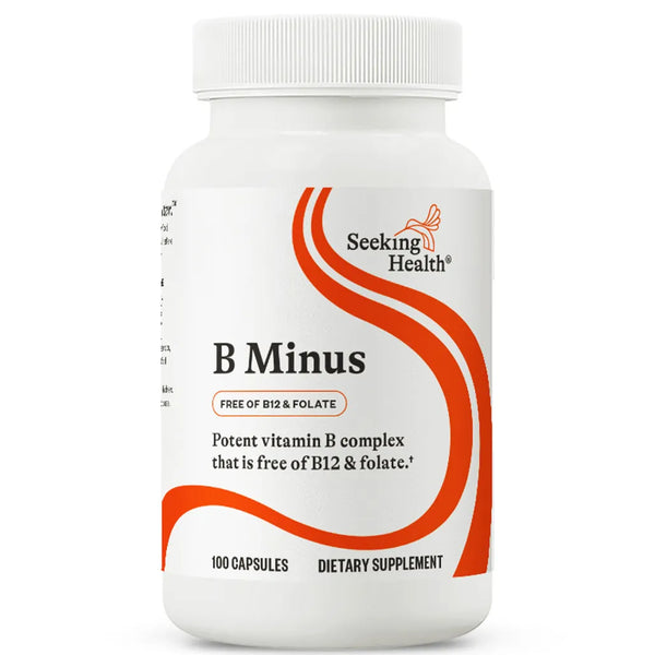 Seeking Health B Complex Plus supplement bottle – active B vitamins with choline for energy, mood, and nervous system support.