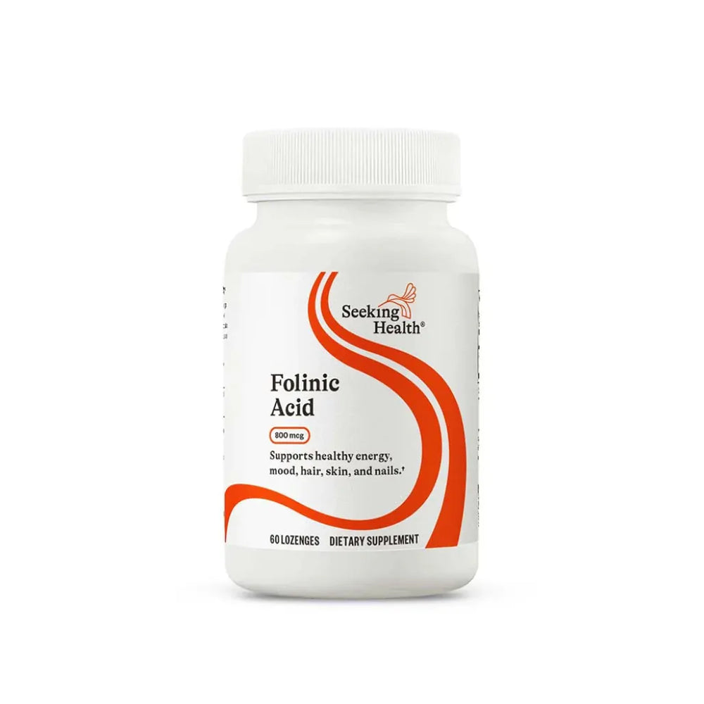 Seeking Health Folinic Acid dietary supplement bottle – 800 mcg lozenges supporting healthy energy, mood, hair, skin, and nails.