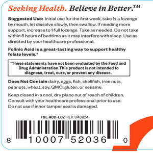 Supplement facts and suggested use label of Seeking Health Folinic Acid Lozenge showing directions, allergen-free formula, and FDA disclaimer.