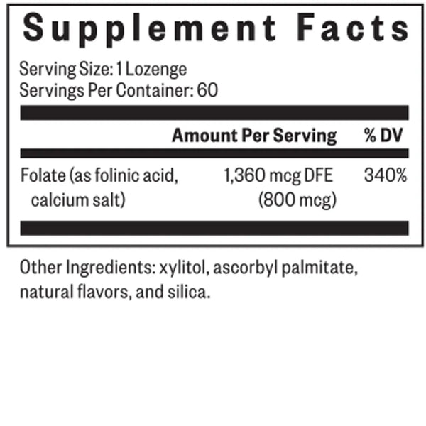 Supplement facts label of Seeking Health Folinic Acid Lozenge showing folate content, daily value percentage, and additional ingredients.