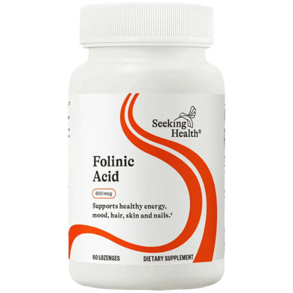 Seeking Health Folinic Acid dietary supplement bottle – 800 mcg lozenges supporting healthy energy, mood, hair, skin, and nails.