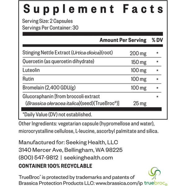 HistaminX ingredients label – detailed list of botanicals and enzyme cofactors for healthy histamine balance and inflammatory support.