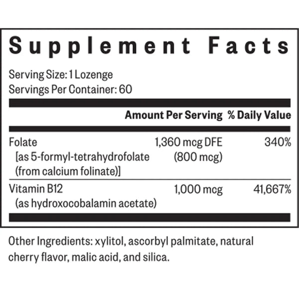 Supplement Facts of Seeking Health Hydroxo B12 with Folinic Acid – contains 1,000 mcg hydroxo B12 and 800 mcg folate per lozenge for methylation and energy support.