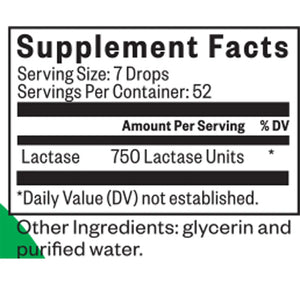 "Seeking Health Lactase Drops supplement facts label showing 750 Lactase Units per serving with glycerin and purified water ingredients.