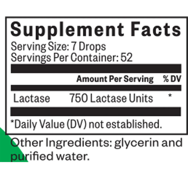 "Seeking Health Lactase Drops supplement facts label showing 750 Lactase Units per serving with glycerin and purified water ingredients.