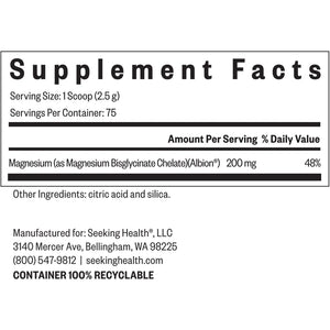 Seeking Health Magnesium Glycinate Powder supplement facts showing 200 mg magnesium bisglycinate chelate per serving for muscle relaxation and calm support