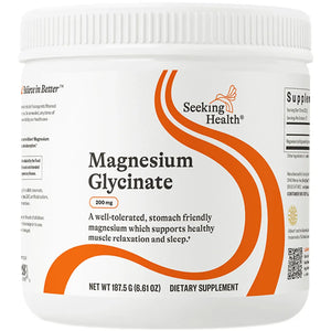 Seeking Health Magnesium Glycinate Powder supplement supports muscle relaxation, calm sleep, and overall wellness with 200 mg stomach-friendly magnesium.