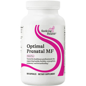 Seeking Health Optimal Prenatal MF methyl-free supplement bottle supporting fertility, conception, pregnancy, and breastfeeding with 180 capsules.