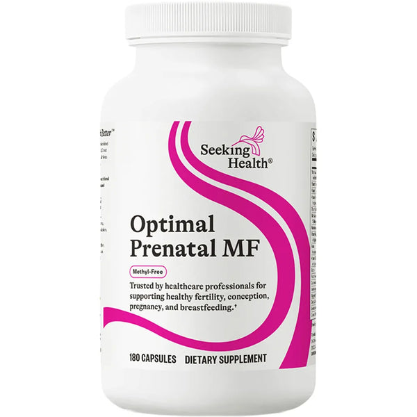 Seeking Health Optimal Prenatal MF methyl-free supplement bottle supporting fertility, conception, pregnancy, and breastfeeding with 180 capsules.
