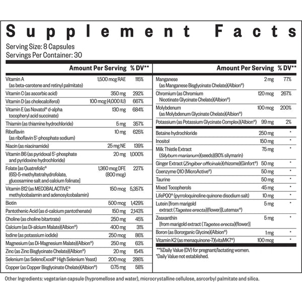 Supplement Facts label of Seeking Health Optimal Prenatal showing vitamins, minerals, and nutrients for pregnancy support including folate, B12, and choline.