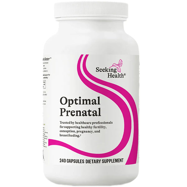 Seeking Health Optimal Prenatal multivitamin bottle supporting healthy fertility, pregnancy, and breastfeeding with 240 dietary supplement capsules.