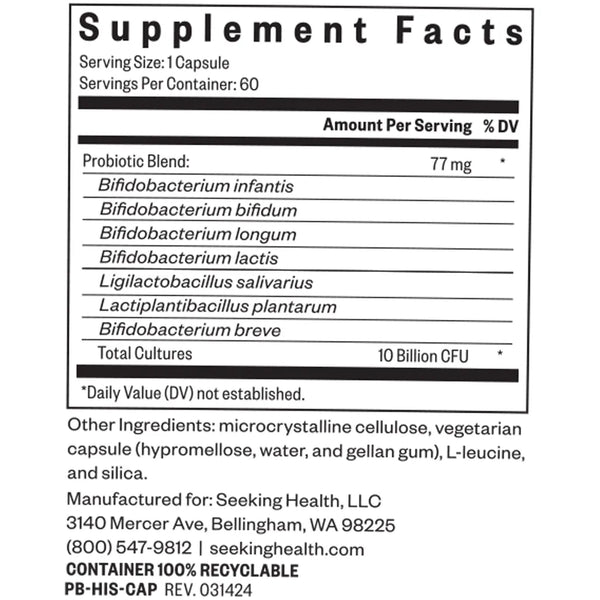 Seeking Health ProBiota HistaminX supplement facts label showing probiotic blend with Bifidobacterium and Lactobacillus strains providing 10 billion CFU per capsule.