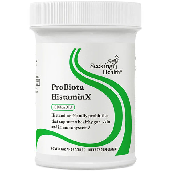 Seeking Health ProBiota HistaminX probiotic supplement bottle – histamine-friendly probiotics for gut, skin, and immune system support with 10 billion CFU.