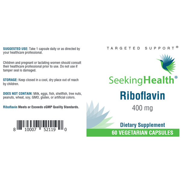 Seeking Health Riboflavin supplement “About” panel – biologically active R-5-P vitamin B2 for methylation support