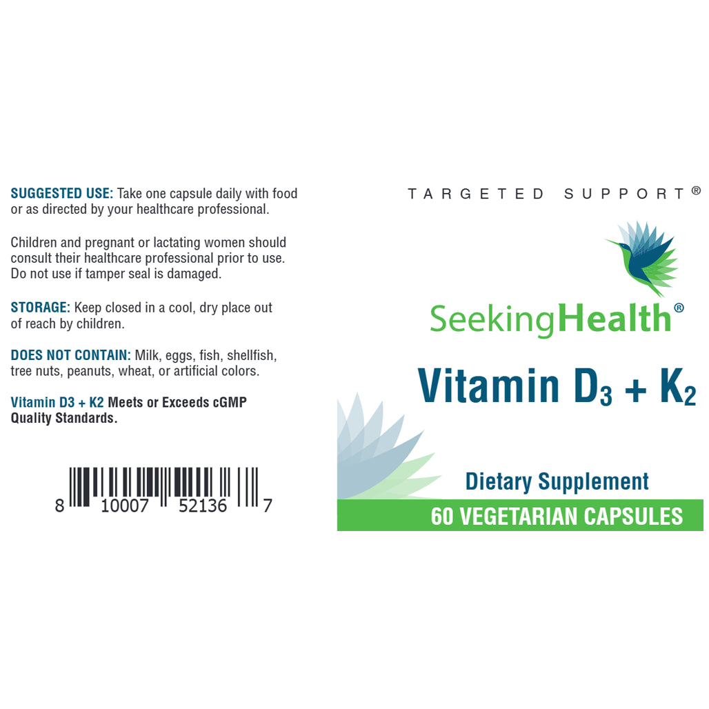 Benefits of Vitamin D3 + K2 - 60 Vegetarian Capsules | Seeking Health | Supplement to support heart