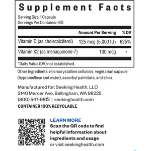 Supplement Facts label of Seeking Health Vitamin D3 + K2 showing 125 mcg Vitamin D3 and 100 mcg Vitamin K2 per capsule for bone and immune support.