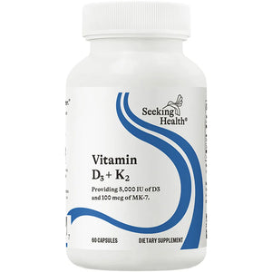 Seeking Health Vitamin D3 + K2 supplement bottle providing 5,000 IU of D3 and 100 mcg of MK-7, 60 capsules for bone and immune health support.