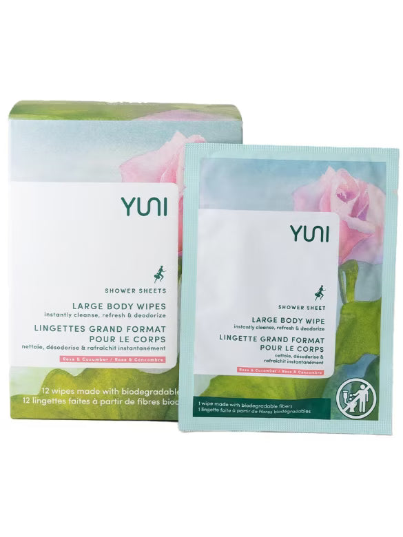 Shower Sheets, Large Body Wipes - Rose & Cucumber - 1 Box of 12 Wipes