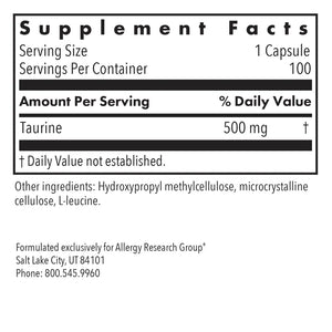 Allergy Research Group Taurine 500 mg vegcaps label