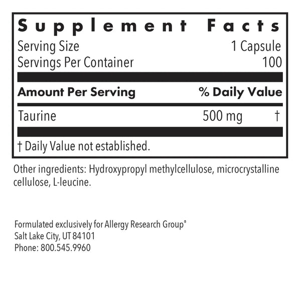 Allergy Research Group Taurine 500 mg vegcaps label