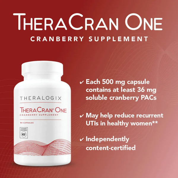 TheraCran One Cranberry Capsules – standardized cranberry formula containing soluble proanthocyanidins, made in USA, sugar-free for urinary wellness.