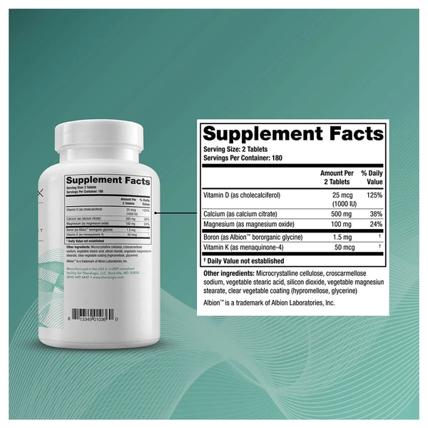 Theralogix Prosteon ingredients label – calcium citrate with vitamin D3, K2, magnesium and boron for premium bone strength support.
