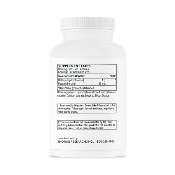 Thorne Betaine HCL & Pepsin supplement ingredients