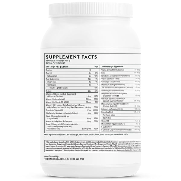 Thorne MediClear-SGS Vanilla Flavored 34.4 oz supplement facts