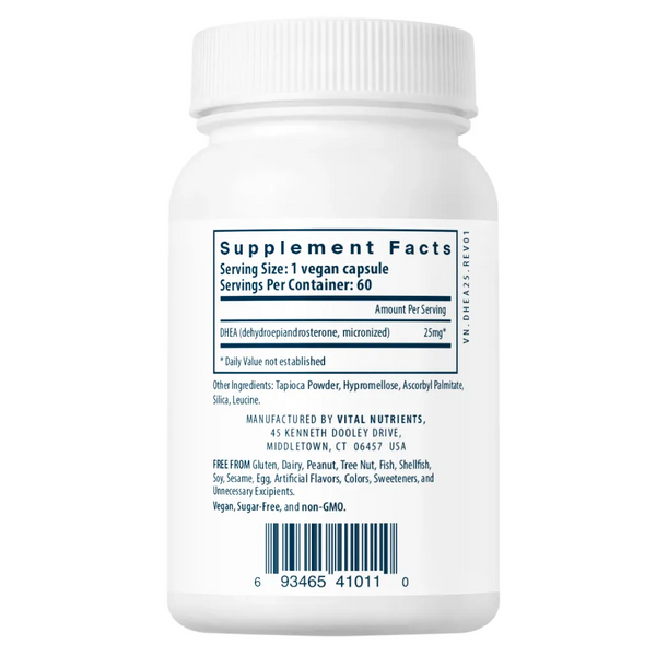 Ingredients of DHEA 25mg Dietary Supplement - Rice Powder, Vegetarian Capsule, Ascorbyl Palmitate, Silica, Leucine