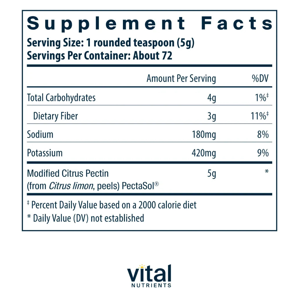 Ingredients of MCP Modified Citrus Pectin Dietary Supplement - Sodium, Potassium, Dietary Fiber