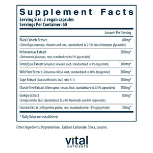 Ingredients of Menopause Support Dietary Supplement - Black Cohosh Extract, Rehmannia Root Extract, Dong Quai Root Extract