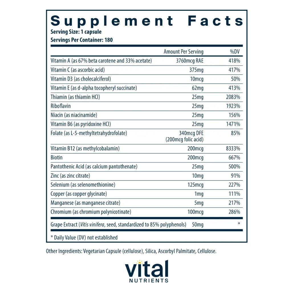 Ingredients of Minimal and Essential Dietary Supplement - Vitamin A, Vitamin C, Vitamin D3, Vitamin E, Thiamin, Riboflavin