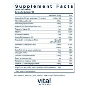 Ingredients of Minimal and Essential Dietary Supplement - Vitamin A, Vitamin C, Vitamin D3, Vitamin E, Thiamin, Riboflavin