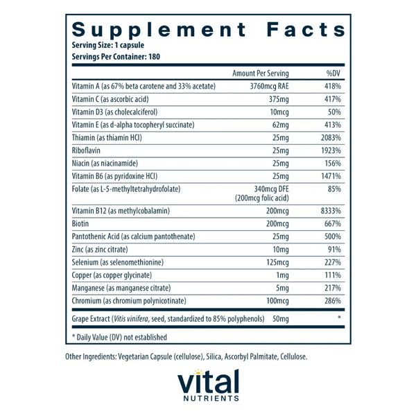 Ingredients of Minimal and Essential Dietary Supplement - Vitamin A, Vitamin C, Vitamin D3, Vitamin E, Thiamin, Riboflavin